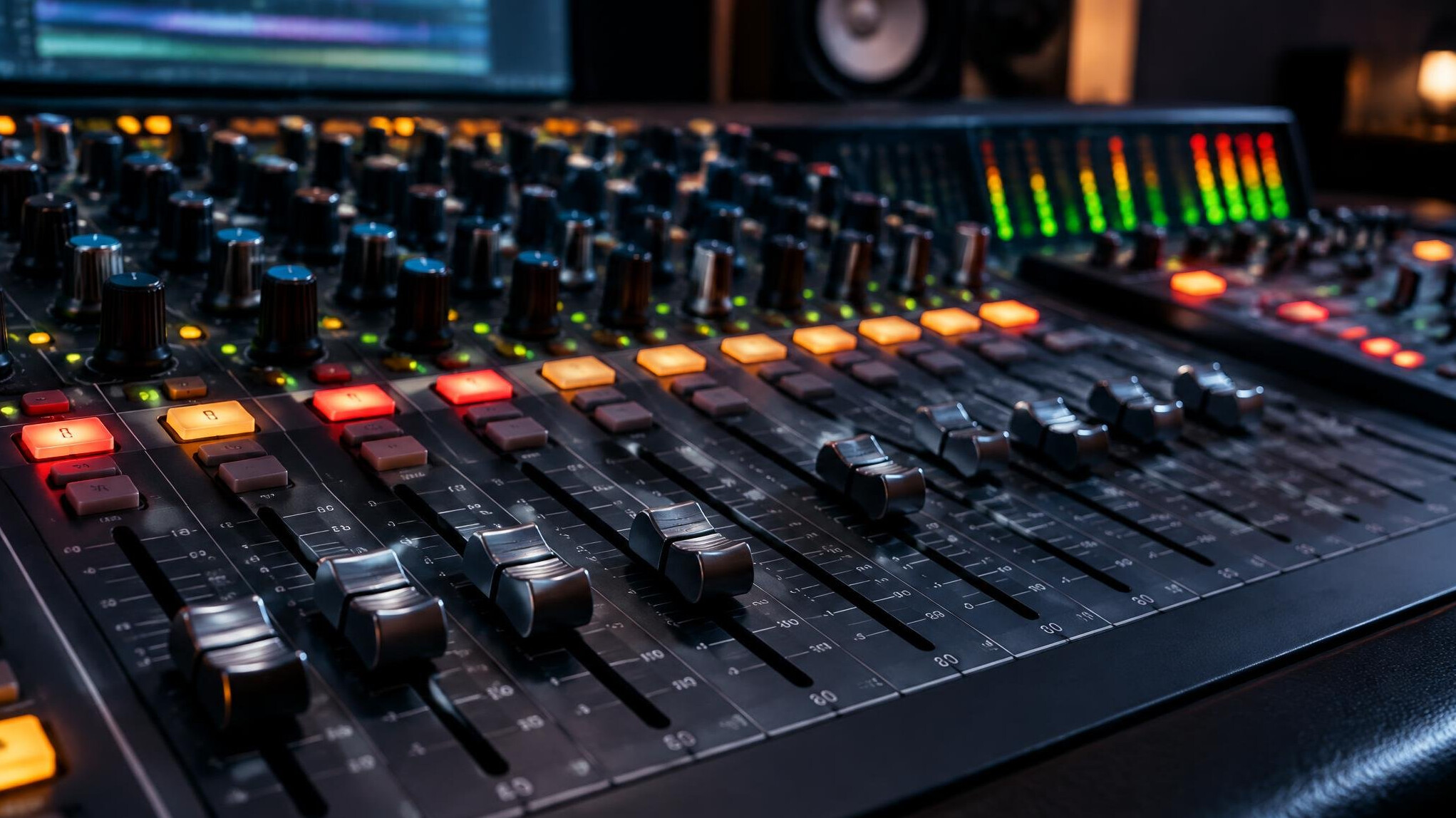 Studio mixing console with faders and buttons