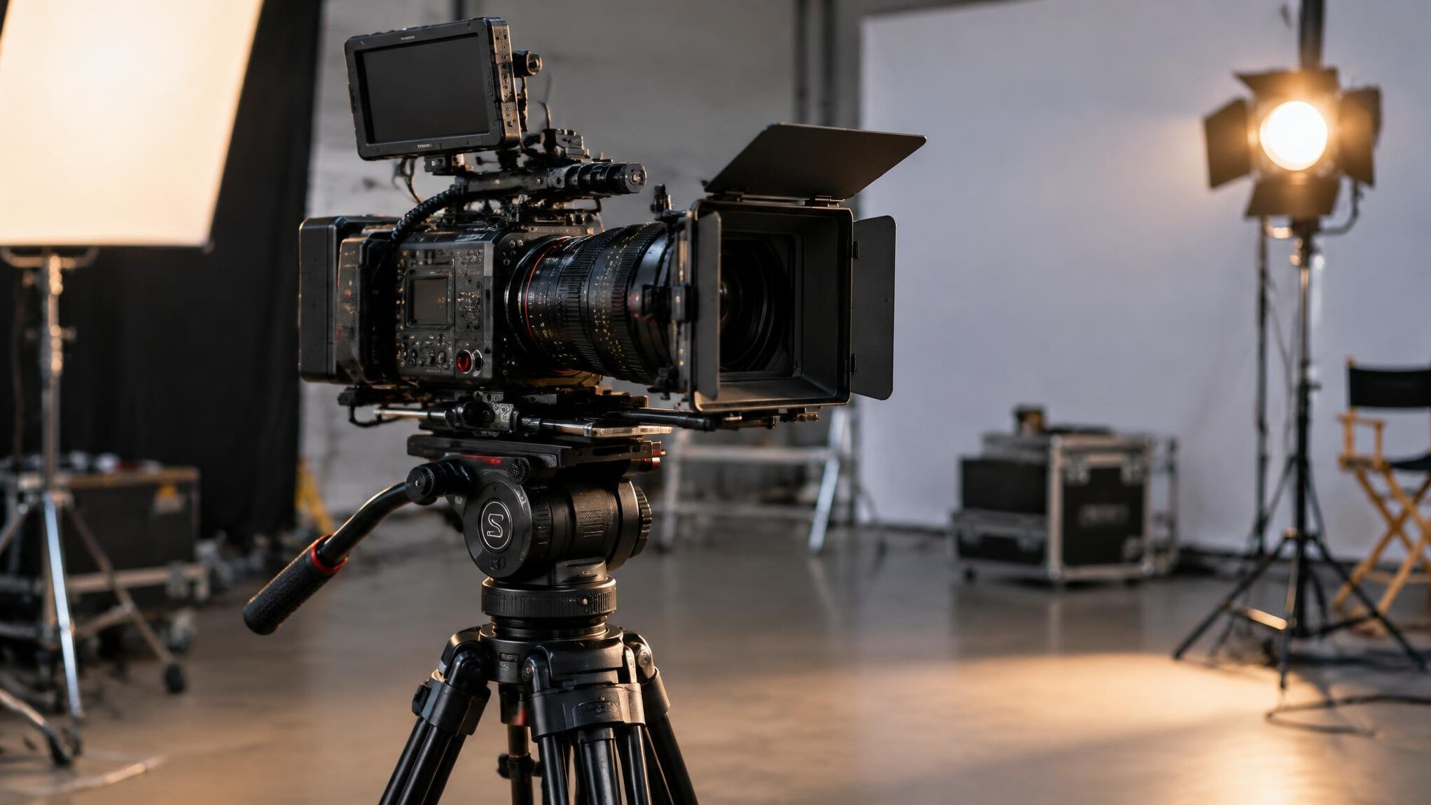 Camera operator rig on a production set with lights