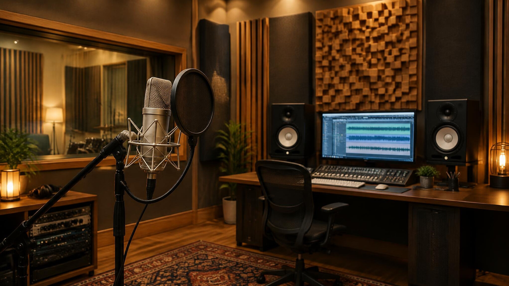 Professional recording studio with microphone and monitors