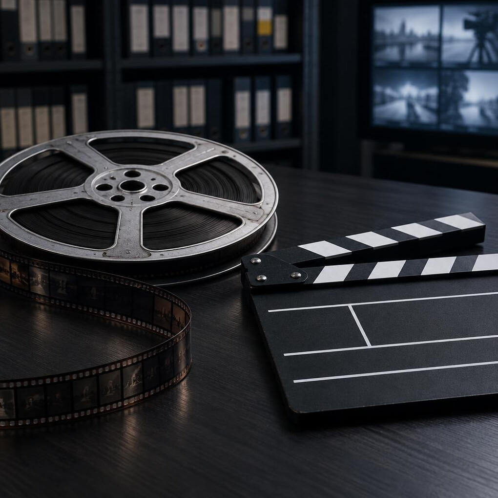 Vintage film reel and clapperboard