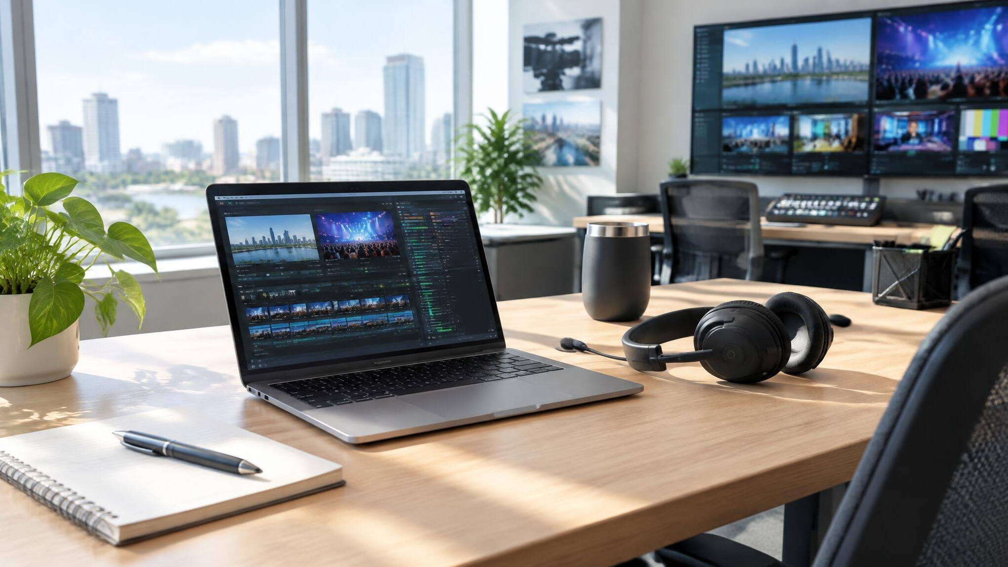 Bright modern workspace with laptop and notebook