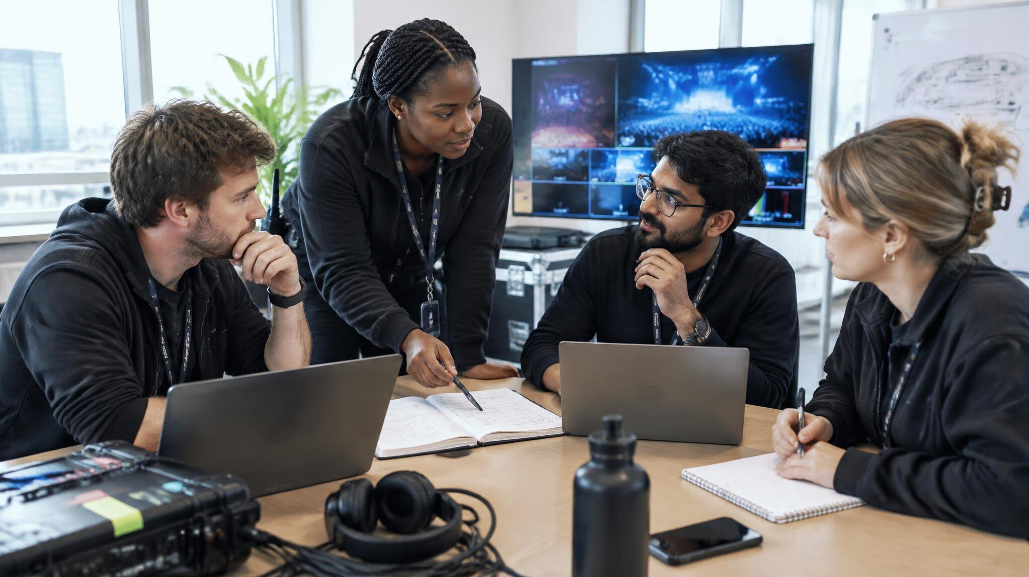 Team of professionals collaborating at a table with laptops
