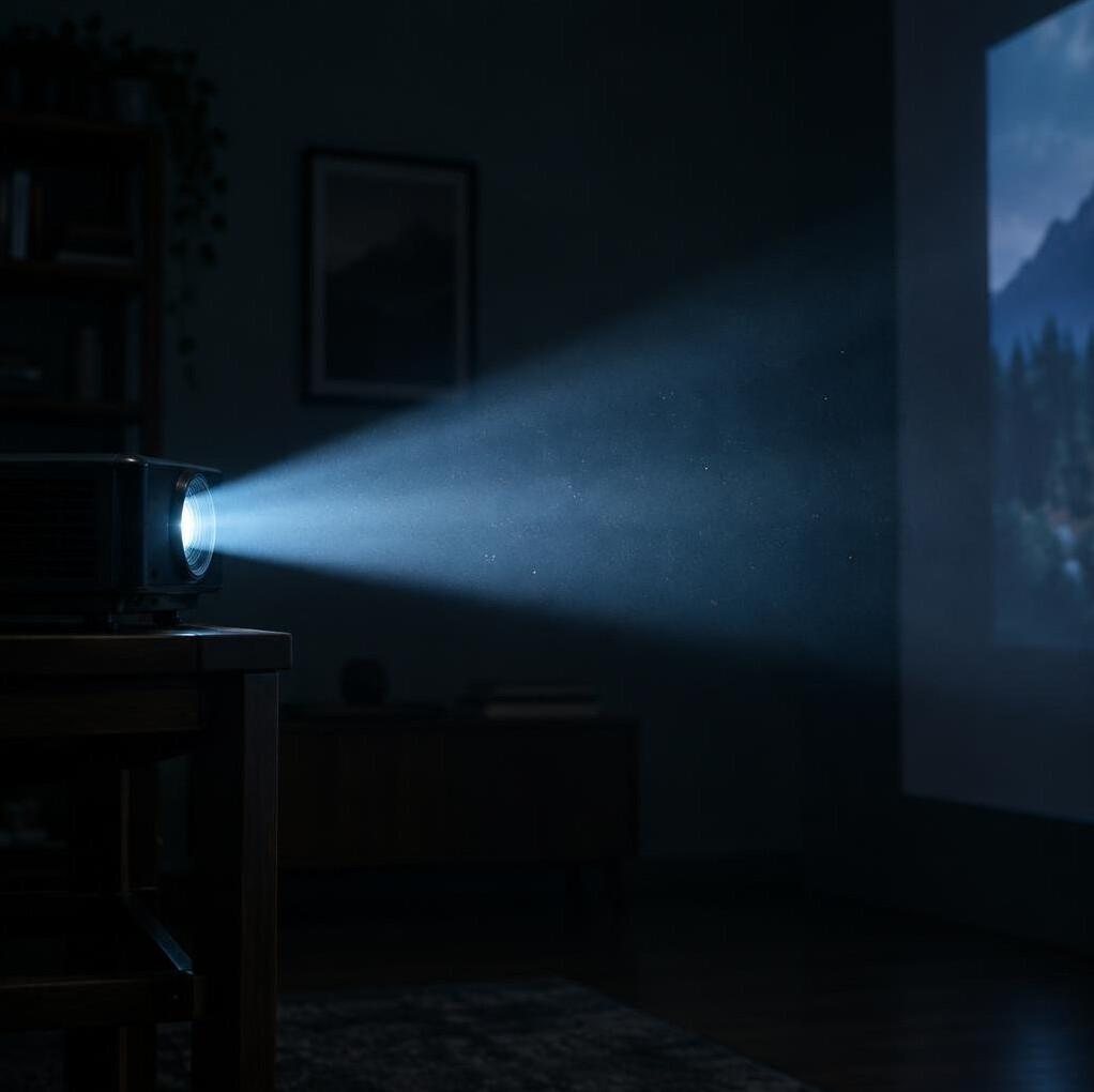 Cinema projector beam in a dark room