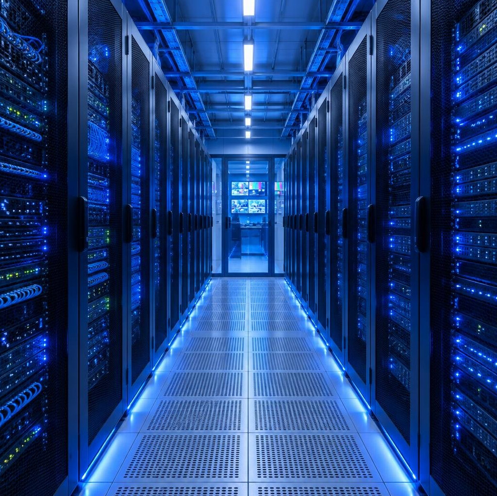 Corridor of server racks in a data centre