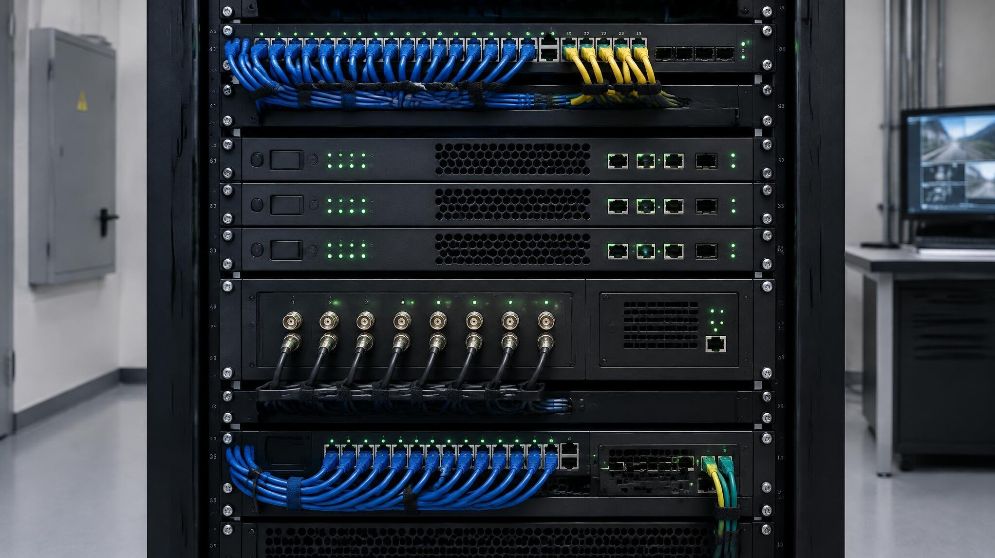 Server racks with cables and blinking lights