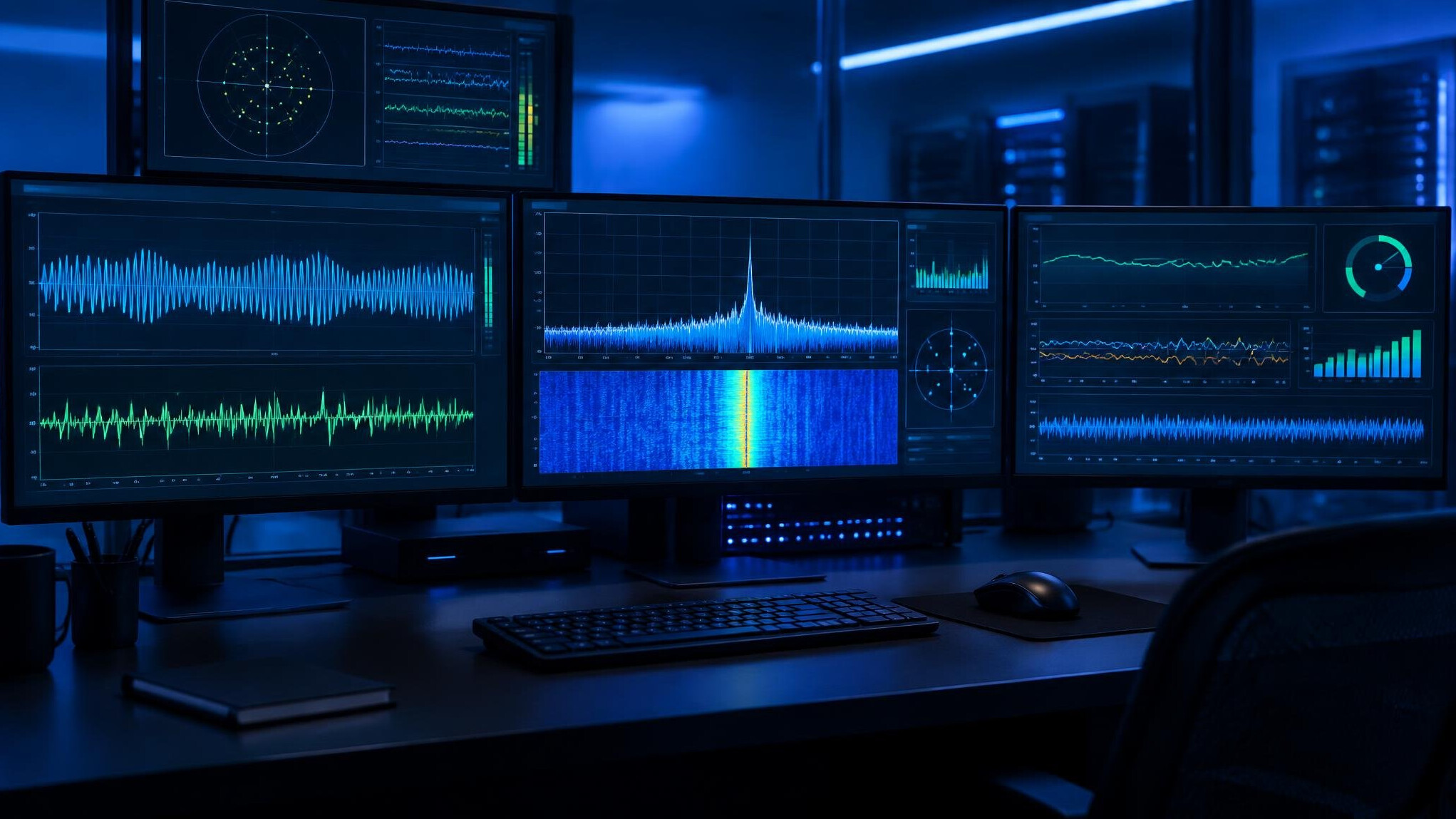 Laptop and monitors showing technical data in a dark room