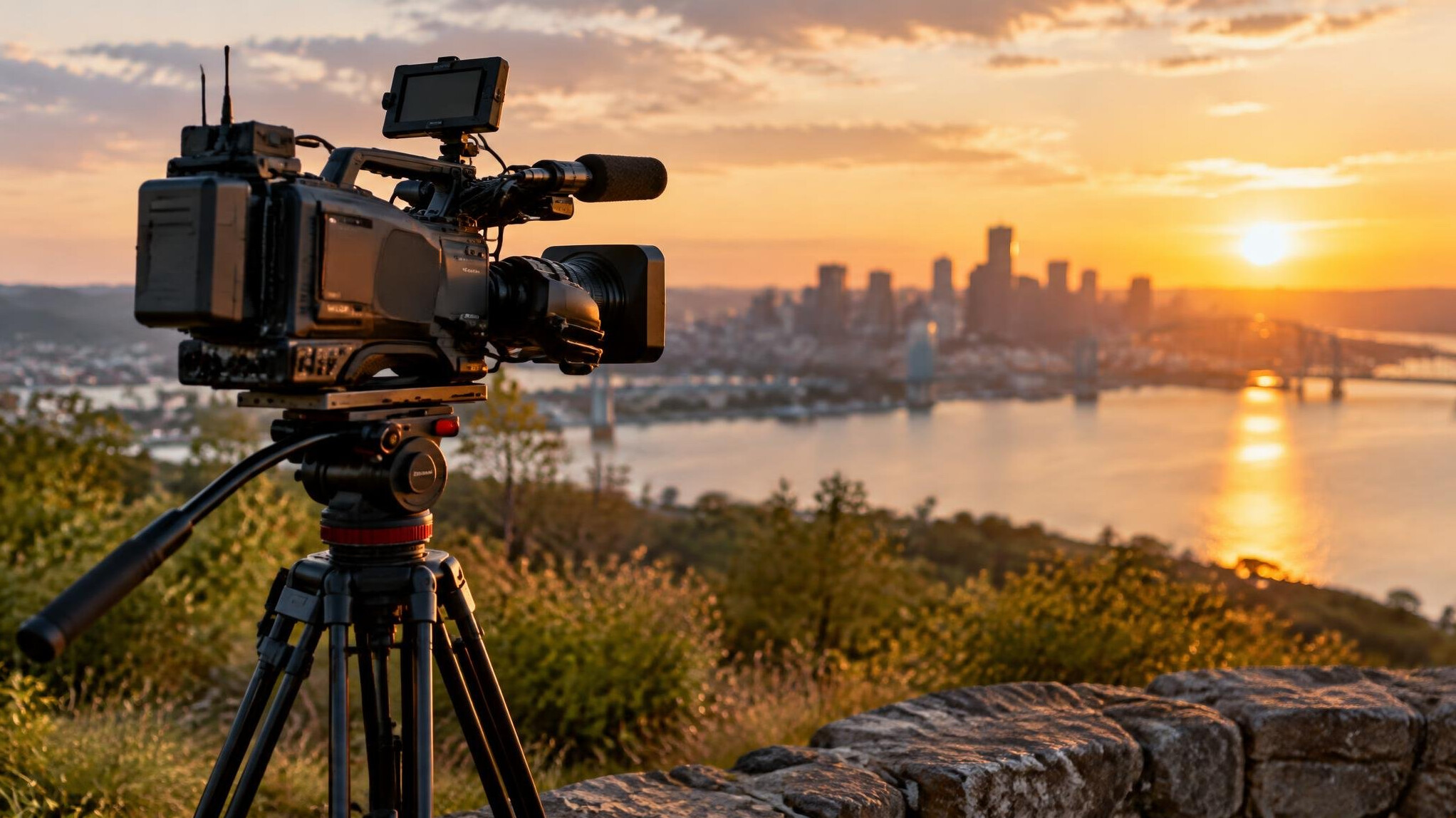 Camera on a tripod outdoors at golden hour